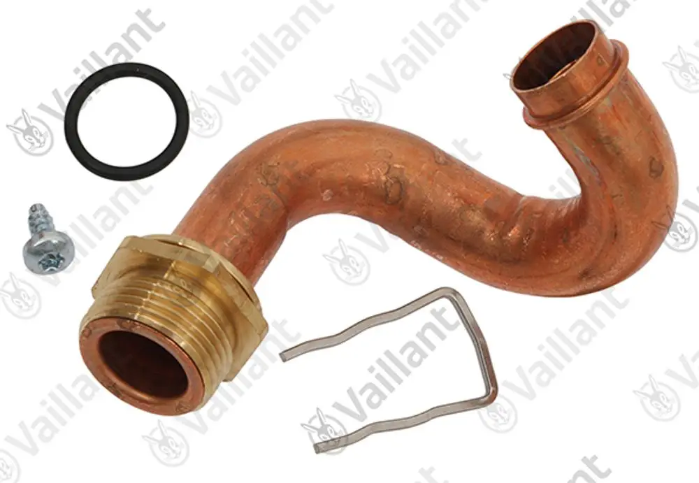 Kupferrohr mit gebogenem Ansatz, einem Gewindeanschluss, Dichtungsring, Schraube und Halterung. Produkt von Vaillant.